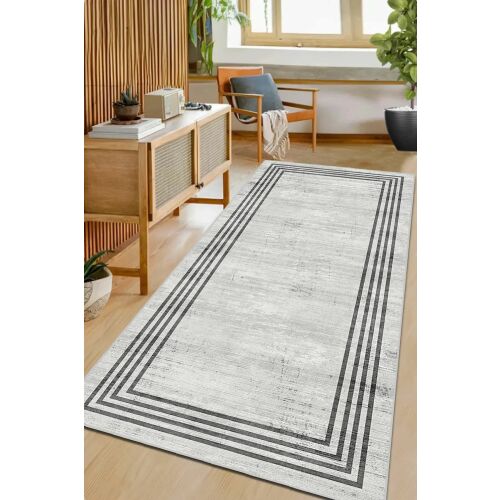 Conceptum Hypnose Carpet (60 x 100) Multicolor Kary, modern szürke szőnyeg fekete geometrikus szegéllyel nappali környezetben - Conceptum Hypnose
