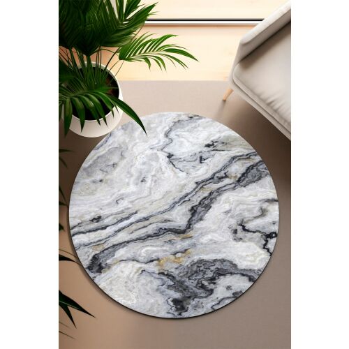 Conceptum Hypnose Carpet 80 cm Multicolor CT-2082 Y, kerek absztrakt márvány mintás szőnyeg világos szőnyegen modern nappaliban növénnyel és fotellel, életmódkép - Szőnyeg