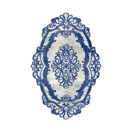 Conceptum Hypnose Hall Carpet (80 x 150) Multicolor Hmnt958, egy elegáns kék-fehér díszes szőnyeg fehér alapon, kiemelve az aprólékos virágmintát. - Szőnyeg