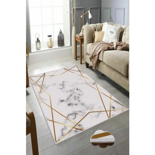 Conceptum Hypnose szőnyeg sokszínű, arany geometrikus vonalakkal fehér márványmintán, modern nappali környezetben, 120 x 180 cm - Dekoráció
