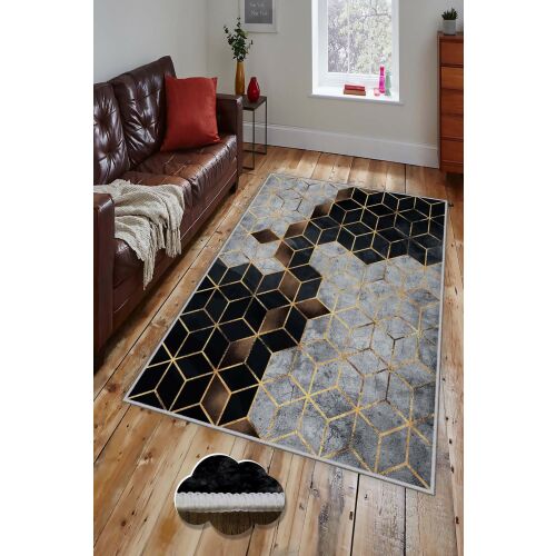 Conceptum Hypnose Multicolor Hmnt773 szőnyeg modern nappali környezetben barna bőr kanapéval és fa padlóval, 3D geometriai arany és szürke kockás mintával - Szőnyeg
