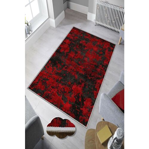 Conceptum Hypnose Szőnyeg (50 x 80) Többszínű Hmnt895 szőnyeg modern nappali környezetben, szürke székekkel, bemutatva élénk piros és fekete absztrakt mintáját és puha textúráját - Szőnyeg