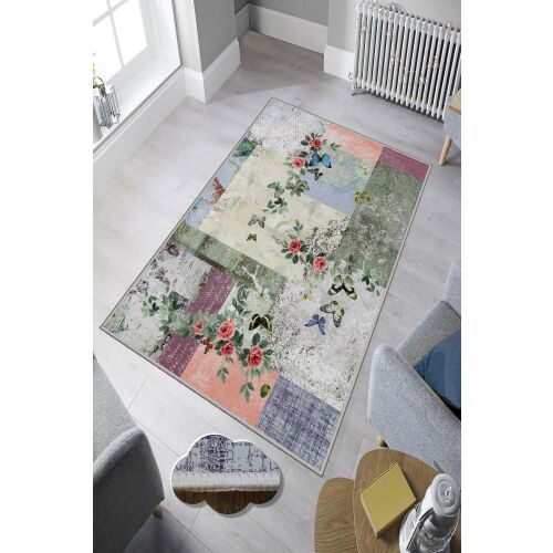 Conceptum Hypnose Hall Carpet Multicolor Hmnt881 pillangós és rózsás patchwork mintával, nappali környezetben - Lakástextil