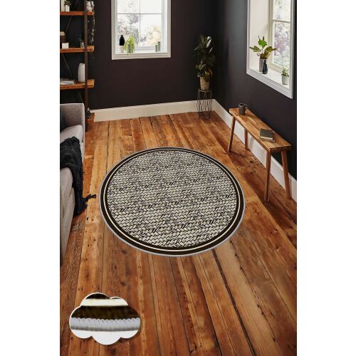 Conceptum Hypnose sokszínű 80 cm-es kerek szőnyeg modern nappali környezetben, fa padlóval, a szőnyeg szélének közeli felvételével - Conceptum Hypnose