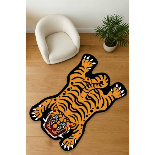 Conceptum Hypnose szőnyeg, többszínű tigris alakú szőnyeg nappali környezetben székkel és növénnyel, 80x200 cm, 100% pamut - Conceptum Hypnose