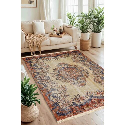 Conceptum Hypnose Carpet (50 x 80) Multicolor 194, egy koptatott mintás pamutszőnyeg bézs, piros és kék árnyalatokban, világos fa padlón elhelyezve, hangulatos nappaliban, fehér kanapéval és zöld növényekkel, bemutatva dekoratív hatását - Dekoráció