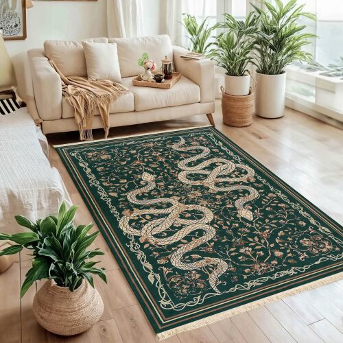 Conceptum Hypnose Szőnyeg, többszínű pamut szőnyeg kígy mintával egy stílusos nappaliban kanapéval és növényekkel, 120 x 180 cm - Conceptum Hypnose