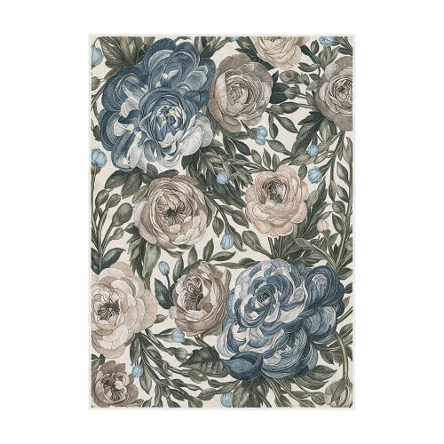 Conceptum Hypnose Carpet 80 x 150 Multicolor Kece-Fr32, virágmintás szőnyeg kék és bézs rózsákkal fehér alapon - Lakberendezés