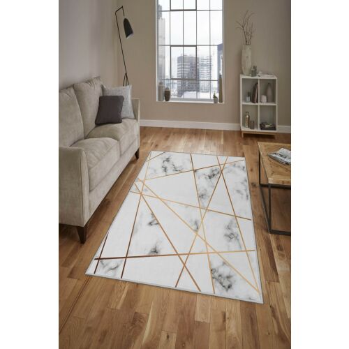Conceptum Hypnose előszőnyeg, egy sokszínű 80x200 cm-es geometrikus márvány mintázatú szőnyeg arany vonalakkal, fa padlón elhelyezve egy modern nappali környezetben - Szőnyeg