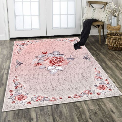 Conceptum Hypnose Carpet (80 x 120) Multicolor Els1849 bársonyszőnyeg nagy rózsamintával és írott mintával, a nappali dekorációjának kiemelésére - Conceptum Hypnose