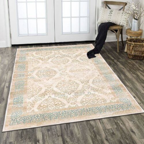 Conceptum Hypnose Hall Carpet, többszínű mintás előszobaszőnyeg 80x150, fehér ajtók és fapadlóval berendezett előszobában, ideális lakberendezéshez - Szőnyeg