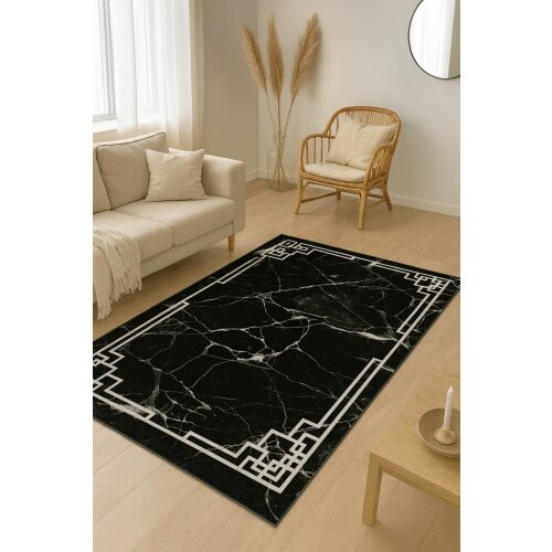 Conceptum Hypnose szőnyeg, 80x140 cm, többszínű, fekete márvány mintás fehér geometrikus kerettel, nappali környezetben kanapéval és fotellel - Otthon és kert