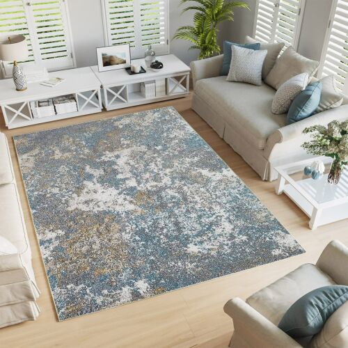 Conceptum Hypnose Szőnyeg (80 x 150) Szürke, elegáns modern szőnyeg stílusos nappali környezetben, puha szürke és kék árnyalatok, tartós és mosható lakberendezési tárgy, antibakteriális - Dekoráció