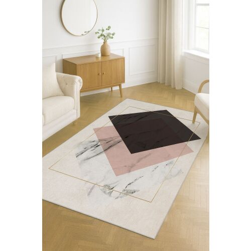 Conceptum Hypnose szőnyeg 100x140 cm modern nappali környezetben kanapéval és fa bótorokkal, bemutatva elegáns geometrikus designját - Lakberendezés
