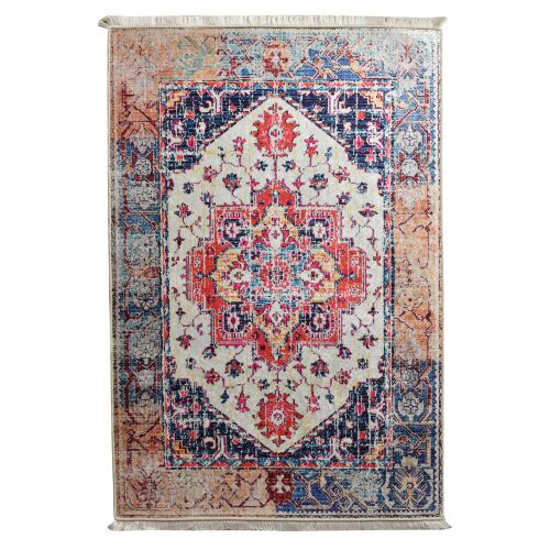 Conceptum Hypnose Carpet 120 x 180 Multicolor Paix, egy élénk és bonyolultan mintás poliészter szőnyeg, felülről, síkban fényképezve, gazdag piros, kék és bézs árnyalatokkal, kopott hatással, tökéletes bohém vagy eklektikus hangulatot kölcsönözve a lakótérnek. - Szőnyeg