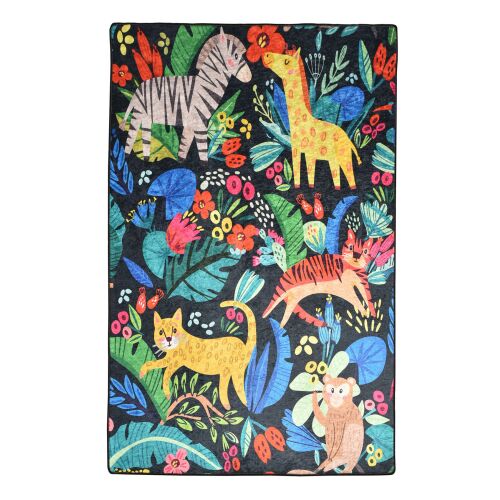Conceptum Hypnose Többszínű Állatkerti szőnyeg (100 x 160) játékos szafari állatokkal, mint zebra, zsiráf, tigris, leopárd és majom egy élénk dzsungel mintán, ideális gyerekszobába vagy óvodába. - Lakástextil