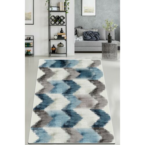 Conceptum Hypnose Carpet (80 x 120) Többszínű Faucibus szőnyeg absztrakt kék, szürke és fehér cikk-cakk mintával, világos padlón, modern nappali környezetben. - Szőnyeg