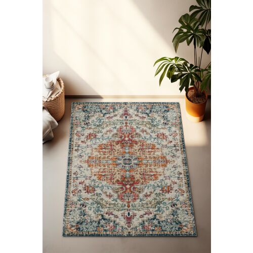 Conceptum Hypnose Hall Carpet (80 x 150) Multicolor CT-1264, egy élénk mintás szőnyeg egy otthoni előszobában növénnyel és kosárral, esztétikus környezetben bemutatva - Conceptum Hypnose