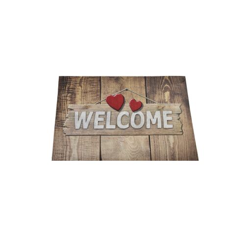 Conceptum Hypnose PVC lábtörlő sokszínű Adore 'WELCOME' felirattal és piros szívecskékkel, fa textúrájú háttérrel, ferde nézetben fehér háttéren - Lábtörlő