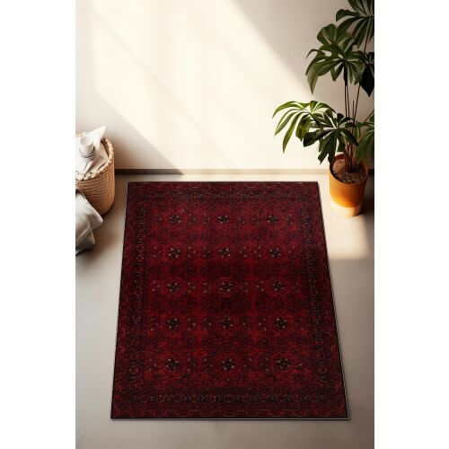 Conceptum Hypnose Hall Carpet (80 x 150) Multicolor CT-1262 egy nappali környezetben, növénnyel, bemutatva gazdag piros színét és mintázatát. - Lakástextil