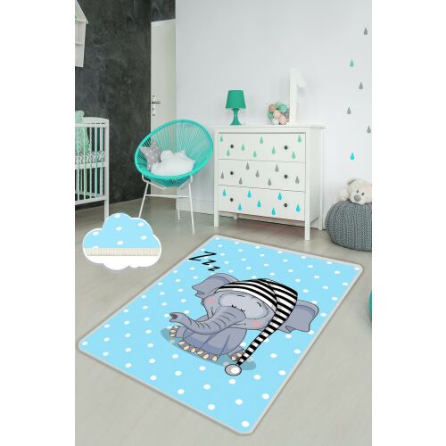 Conceptum Hypnose előszobaszőnyeg, 80x100 cm, alvó elefánt mintával világoskék alapon fehér pöttyökkel, ideális gyerekszobába vagy babaszobába - Szőnyeg gyerekszobába