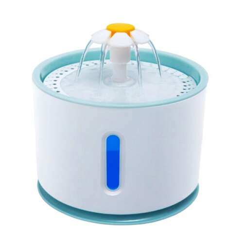 Automatikus háziállat ivóvíz szökőkút, 2,4L kapacitás, margaréta design, fehér és kék, macskák és kutyák számára