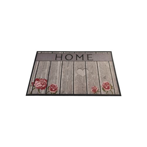 Conceptum Hypnose Pvc Lábtörlő Sokszínű Antik 'HOME' felirattal, fa deszka mintázattal és vörös rózsa díszítéssel fehér háttérrel, 3/4 nézetben. - Lábtörlő