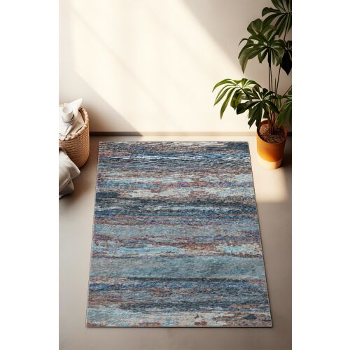 Conceptum Hypnose Hall Carpet CT-2314, sokszínű absztrakt mintás előszobaszőnyeg modern nappaliban növénnyel és kosárral, 80 x 150 cm - Conceptum Hypnose