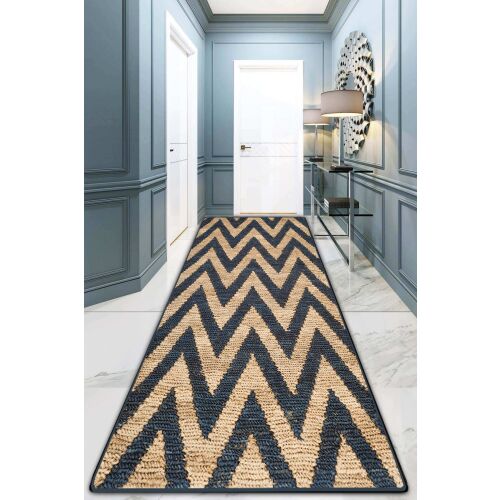 Conceptum Hypnose előszobaszőnyeg (80 x 150) Multicolor Sharp Tip Djt modern előszobában kék falakkal, jellegzetes cikk-cakk mintával sötétkék és természetes árnyalatokban, otthoni dekorációt fokozva - Dekoráció