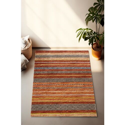 Conceptum Hypnose előszoba szőnyeg, 80x150 Multicolor CT-1168, világos előszoba környezetben, cserepes növénnyel, bemutatva élénk csíkos mintáját és hívogató melegét. - Conceptum Hypnose