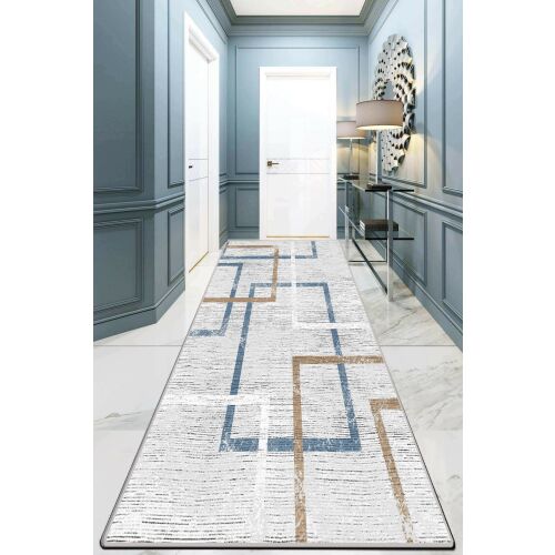 Conceptum Hypnose előszoba szőnyeg (80 x 200) Többszínű Szimmetrikus Djt modern kék előszobai környezetben, geometriai mintával, csúszásmentes, mosható - Szőnyeg