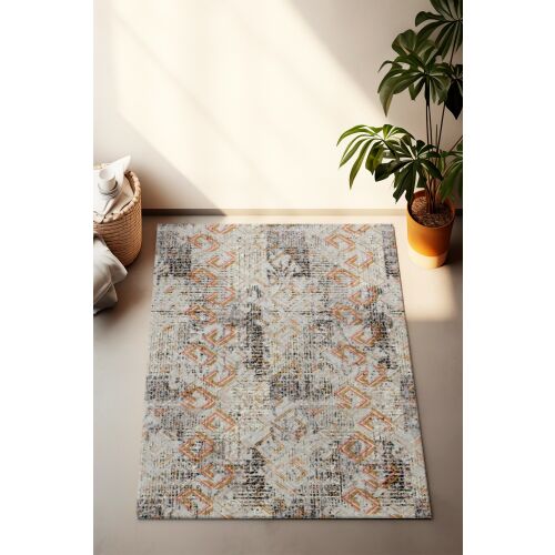 Conceptum Hypnose előszoba szőnyeg, 120 x 180 cm, sokszínű, CT-1010, absztrakt mintás szőnyeg modern lakókörnyezetben, növény és kosár mellett, otthoni dekoráció kiegészítője - Conceptum Hypnose