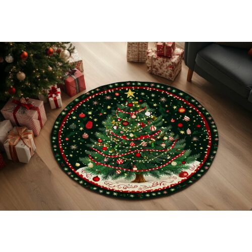 Conceptum Hypnose Karácsonyfa Szőnyeg, 80x80cm, kerek ünnepi szőnyeg egy karácsonyfa alatt nappali környezetben, becsomagolt ajándékokkal körülvéve, kiemelve élénk mintázatát - Szőnyeg