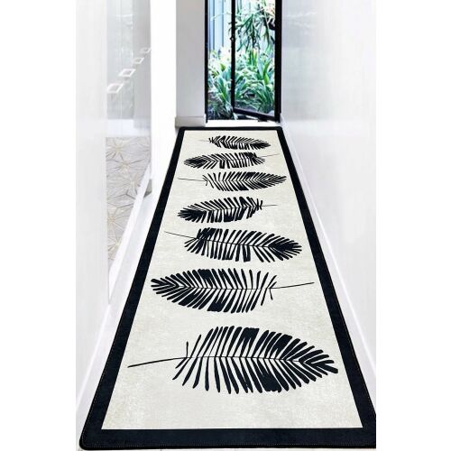 Conceptum Hypnose Hall Szőnyeg (80 x 300) Multicolor Hoja, modern fekete-fehér levélmintás futószőnyeg világos előszobában - Conceptum Hypnose
