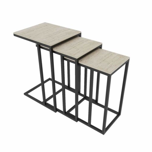 Hanah Home fésülhető asztal szett (3 darab) fekete, Travertin Mira - fekete és travertin fésülhető asztalok modern fekete fémkerettel és világos texturált asztallappal fehér háttér előtt - Hanah Home