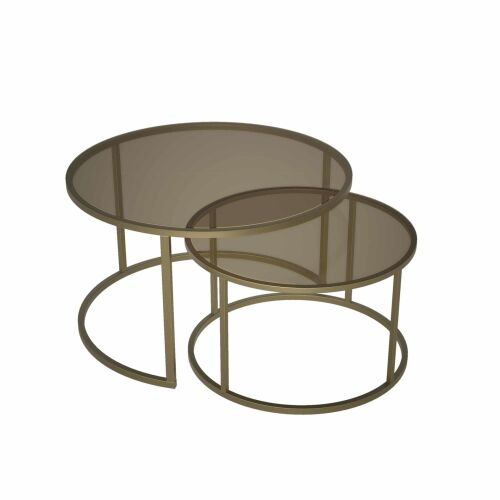 Hanah Home Coffee Table Set Antique Bronze Milas, két kerek üveglapos egymásba tolható dohányzóasztal fehér háttérrel, ferde nézetben - Hanah Home