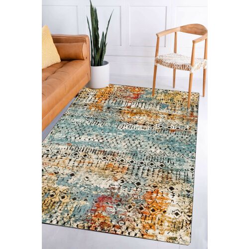 Conceptum Hypnose előszoba szőnyeg (80 x 200) Multicolor Wong, élénk absztrakt szőnyeg modern nappaliban barna kanapéval és fa székkel - Dekoráció