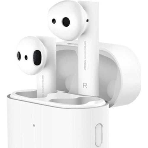 Xiaomi 2S fehér vezeték nélküli fülhallgatók nyitott töltőtokban, döntött nézetben mindkét fülhallgatóval, elegáns dizájn - Műszaki cikk és elektronika