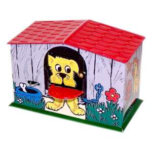 Metal dog house piggy bank, red roof, yellow dog, coin slot, keyhole - Piggy Bank