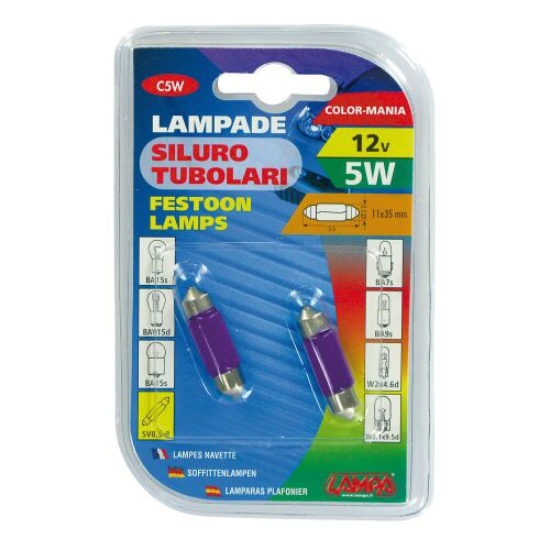Lampa IZZÓ 12V 5W SOF.LILA 3 szofita izzók buborékfóliás csomagolásban, két lila C5W izzóval, 11x35mm méretben, autó belső világításhoz - Autó izzó