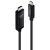Ferde nézet a LINDY USB-C - HDMI 8K60 kábelről, 5m, fekete színű, bemutatva a különálló HDMI és USB-C csatlakozókat fehér háttéren, 43436 modell