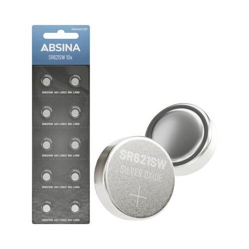 Absina SR621SW ezüstoxid gombelemek, 10 darabos kiszerelés, 1.55V, egy elem csomagoláson kívül ábrázolva - Elem