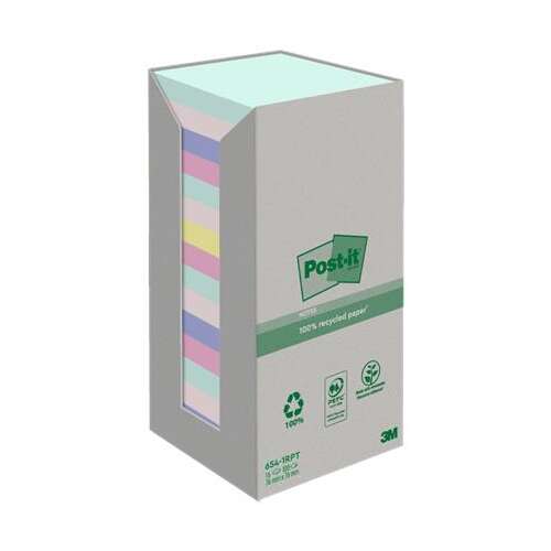 3M Post-it® Recycling Notizen, 76x76 mm, 16x100 Blätter, sortierte Pastellfarben