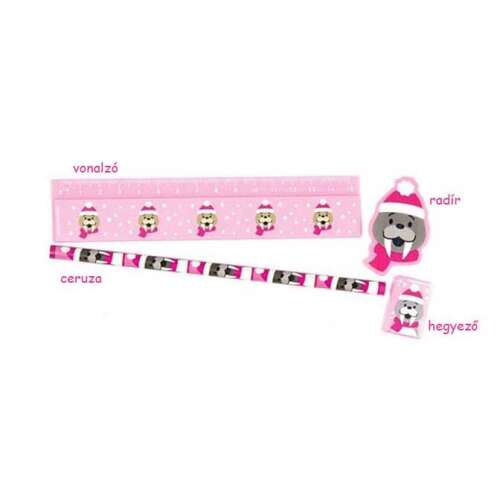 BakerRoss Pink Winter Design 4-teiliges Schreibwarensatz - Lineal, Bleistift, Radiergummi, Spitzer