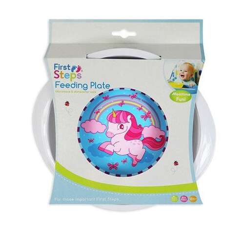 Talerz do karmienia First Steps z jednorożcem, bez BPA, nadaje się do mikrofalówki i zmywarki, dla dzieci od 12 miesięcy