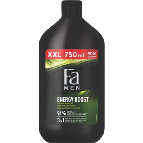 Fa Men Sport Energy Boost tusfürdő, 750 ml XXL flakon, száraz bőr érzetét ellensúlyozó, 94% természetes eredetű összetevők, 3 az 1-ben testre, hajra és arcra, fekete flakon zöld-fekete címkével - Tusfürdő