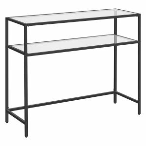 Konzolni stol s 2 police, stol od kaljenog stakla s metalnim okvirom, crni - Namještaj