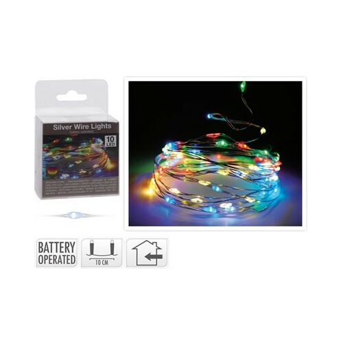 KARÁCSONYI FÜZÉR ELEMES 10 LED 1M MULTI COLOR füzér, feltekerve és több színben világít, a csomagolás mellett, elemes ezüst drótfüzér - Fényfüzér