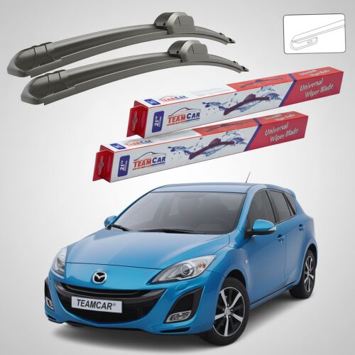 TeamCar lapos ablaktörlő lapát szett Mazda 3 BL Hatchback 2009-2011-hez, ablaktörlő lapátok, csomagolásuk és egy kék Mazda 3 autó látható - ‪Ablaktörlő lapát