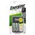 Energizer Accu Recharge Base akkumulátortöltő négy darab 1300mAh AA elemmel buborékcsomagolásban, USB töltéssel és töltésállapot-jelzőkkel.